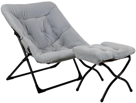 Mordchil HF Folding Saucer Chair with Ottoman, Foldable Comfy Faux-Fur Reading Chair and Footrest Stool Set, Accent Lazy Chairs and Footstool, Lounge Chairs for Living Room, Bedroom, Dorm, Grey