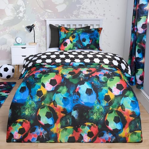 OHS Single Duvet Covers, Super Soft Cosy Warm Vibrant Galaxy Luxurious Reversible Comfortable Single Duvet Set with Pillowcase for Kids - Neon Football