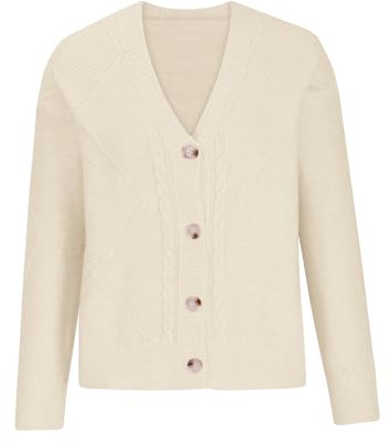 AnnSemo Women's Cotton Cardigans Soft Cosy Button Down V Neck Cardigans for Women UK Long Sleeve Casual Knitted Sweater Ladies Long Sleeve Jumper Plain Outerwear Beige