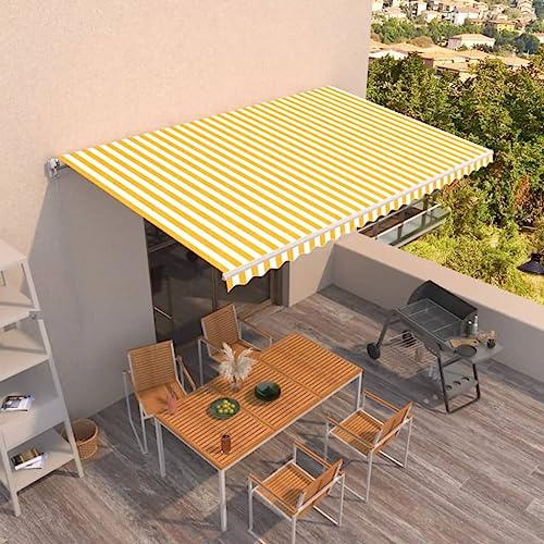 Mokuyary Markiser manuellt infällbar 500 x 300 cm gul och vit, klämmarkis med handvev, balkongmarkis höjdjusterbar solskydd för balkong terrass trädgård veranda