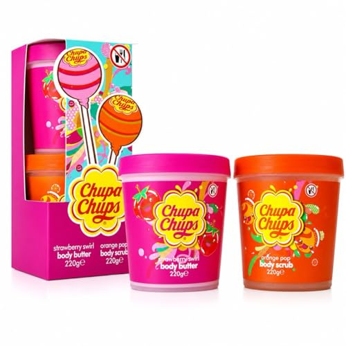 Chupa Chups Strawberry Swirl Body Butter & Orange Pop Body Scrub Set, Candy-Themed Bath Gift