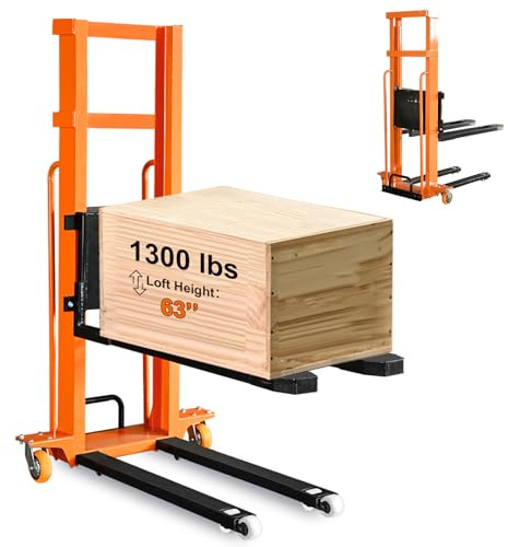 Electric Pallet Stacker 1300lbs Capacity 63 Inch Lift Height, Truck-Boardable Material Lift with Fixed Legs, Electric Forklift for Warehouses & Logistics (63 Lifting)