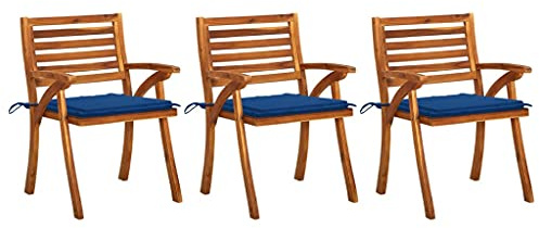 YunCangg trädgårdsmatstolar 3 st med kudde, massivt akaciaträ, 59 x 59 x 87 cm, balkongstol väderbeständig, stapelbar, med stoppningsstöd, utomhus hög rygg för terrass och trädgård