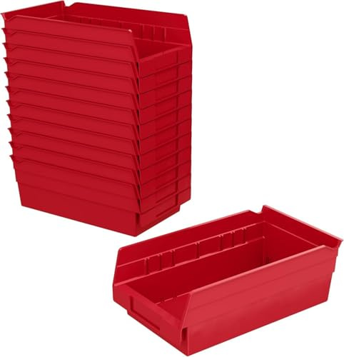 Akro-Mils 30130 Plastic Shelf Bins, Heavy Duty Storage Bins for Garage, Closet, and Drawer Organization, 30.48 cm x 16.51 cm x 10.16 cm, Red, 12-Pack