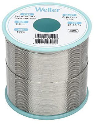 Weller WSW SC M1 (T0051387699) Bleifreier Lötdraht, Ø 0,5 mm, Legierung Sn99,3Cu0,7, Flussmittelgehalt 3,5%, 500 g