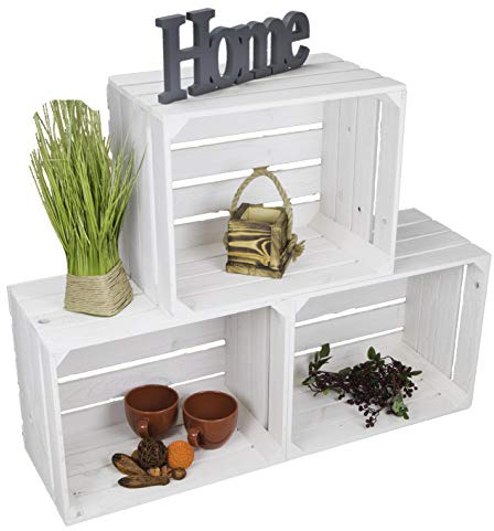 Kistenkolli Altes Land 3er Set Neue weiße Obstkiste Johanna/Schuhregal Ablageregal Beistelltisch Schuhbox Weinkiste Apfelkiste Holzkiste Regalkiste Ablagekiste (3 Set weiß)