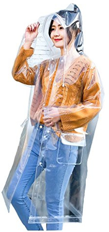 Freesmily Super Transparent Raincoat for Women Fashion EVA Waterproof Rain Poncho Reusable with Drawstring Hood (Transparent, M)