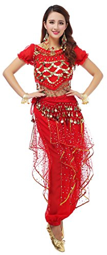 MBW Belly Dance Bauchtanz Kostüm Damen Komplett Set 6 tlg rot Hüfttuch 128 goldfarbenen Münzen, 34 -38, Rot