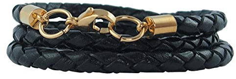 König Design Lederkette Lederhalsband Lederarmband 4 mm Herren Halskette schwarz 65 cm lang mit Karabiner Verschluss Gold geflochten