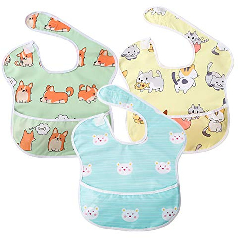 Little Dimsum 3 pack Baby Bibs Waterproof Bib Easy to Clean Feeding Bibs Weaning Bibs Adjustable Closed for Babies Toddlers with Large Pocket (6-36Months) (Cat & Dog & Bear)