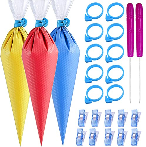 122Pieces Tipless Piping Bags - 100pcs Disposable Piping Pastry Bag for Royal Icing/Cookies Decorating - 10 Pastry Bag Ties,10 Clips &2 Scriber Needle - Best Cookie/Cake Decorating Tools (14 inch)