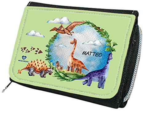 wolga-kreativ Personalisiertes Geldbeutel Kinder mit Namen - Portemonnaie für Mädchen oder Junge mit Dinosaurier Welt Motiv - Geldbeutel Mädchen Junge Kinder Geschenk mit Namen