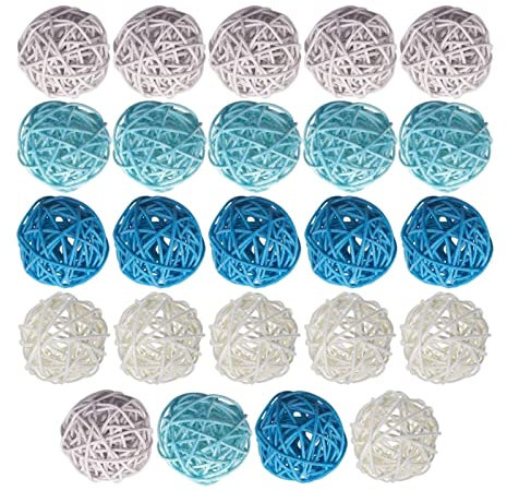 Harilla 24/15Pcs Round Wicker Rattan Balls Orbs Crafts Wedding Centerpieces, Blue Gray White 24