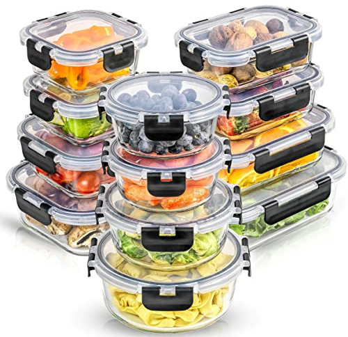 JoyJolt 24pc Borosilicate Glass Storage Containers with Lids | 12 Airtight/Freezer Safe Food Storage Containers for Pantry and Kitchen | Meal Prep Container for Lunch | Glass Tupperware Set