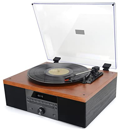 AKAI - Giradischi Bluetooth, Giradischi in Vinile Vintage 33/45/78 RPM, Altoparlanti Stereo Incorporati, Lettore CD, Radio FM, USB, Ingresso AUX, Legno Naturale, Nero