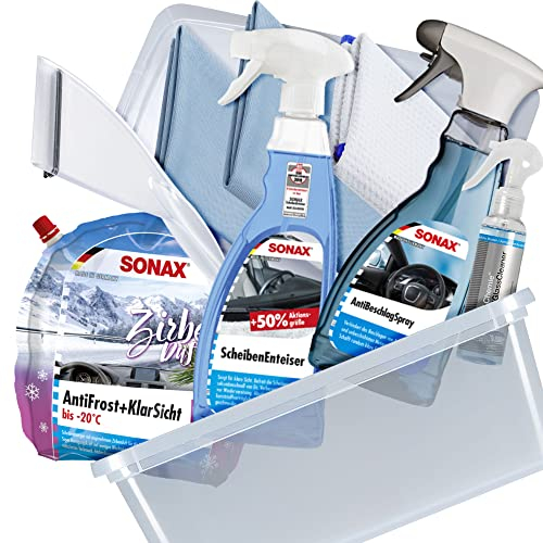 Auto Winter Set Box - 8 teilig - SONAX: Scheiben Enteiser 750ml, AntiBeschlag Spray 500ml, Antifrost Scheibenwischwasser 3L - Koch Chemie Speedglass Glasreiniger 140ml + Eiskratzer + 3x Mikrofasertuch