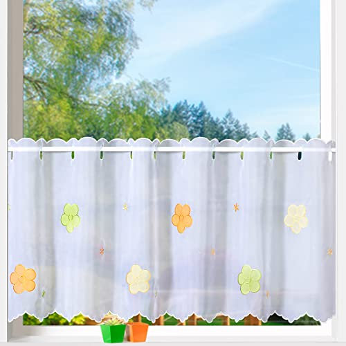 heimtexland ® Scheibengardine Voile Stickerei Blumen Deko Gardine Transparent Bunt Bestickt Fensterdekoration Bistrogardine Bordüre Typ823 HxB 45 x 158 cm