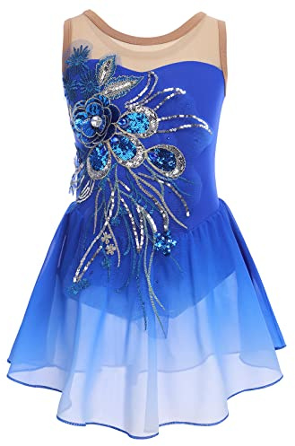 Figure Skating Dress for Girls Sequin Flower Mesh Ice Skating Dress Ballet Dance Leotard Dress Chiffon Skirted Ballerina Dancewear for Competition Stage Performance Costume Royal Blue 11-12 Years