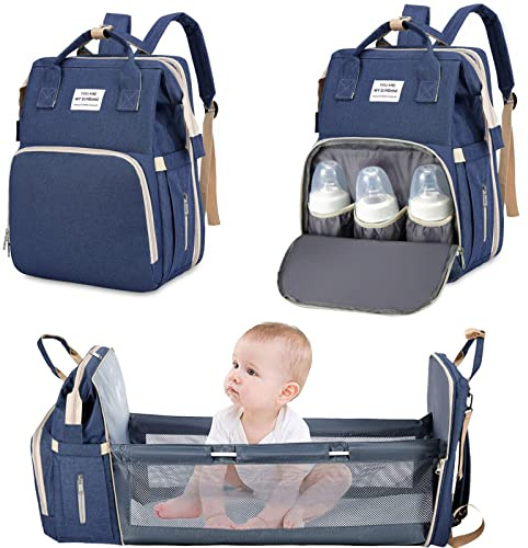 Sac à Dos à Langer pour Bébé,Sac de Voyage avec Lit de Bébé Portable,Grande Capacité Sac à Couches Multifonction Imperméable,2 Sangles de Poussette,pour Biberon Sac à Dos (Bleu marine)
