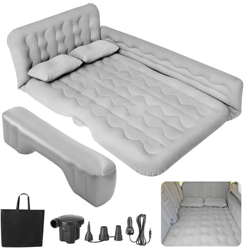 SUV Air Mattress - Thickened Double-Sided Flocking Travel Inflatable Mattress Bed With Electric Air Pump and 2 Pillows for Car, Home, Outdoor and Travel - Grey