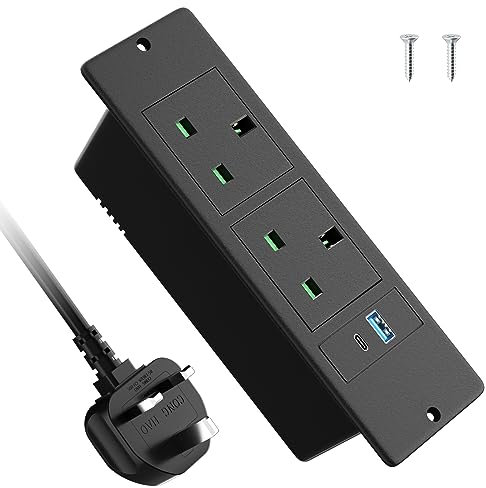 Recessed Power Strip with USB C PD20W, Desk Power Socket with USB, Power Extension Lead 2 Outlets 2 Screws, Hidden in Furniture Desk Table, 2M/6.6FT Cable, Black