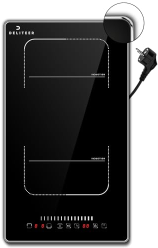 DELITEER Induktionskochfeld 2 Platten mit Stecker, 3500W, Einbau Kochfelder 2er mit Rahmen, Slider-Touch-Bedienung, Flexible Zone für den Grill, Sicherheitsschloss, 9 Leistungsstufen