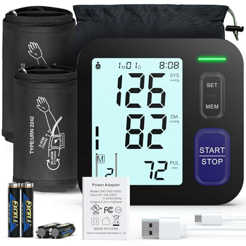 Upper Arm Blood Pressure Machine - 2 Size Cuffs, Medium/Large 9-17 and Extra Large XL 13-21 for Big Arms, Accurate Automatic Digital BP Machine for Home Use, Large Backlit Display, 2 Users