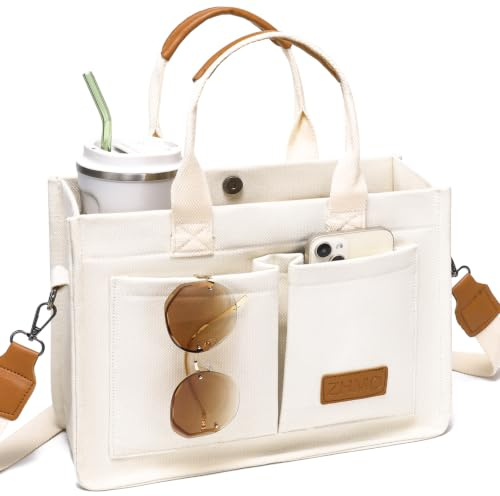 ZHMO Canvas Tote Bag for Women With Compartments and Pocket,White Women's Bags Crossbody Bags Work Laptop Tote Bag Large Satchels Handbag Tote Purse Everyday Shoulder Bag for Travel Nurse Teacher Gift