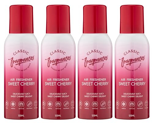 Classic Fragrances 4 Pack Sweet Cherry - Deliciously Juicy Cherry Aroma Air Freshener Spray - For Home & Vehicles – Long Lasting Smell, Portable Spray Can – Deodorise & Neutralise Odours – 125ml