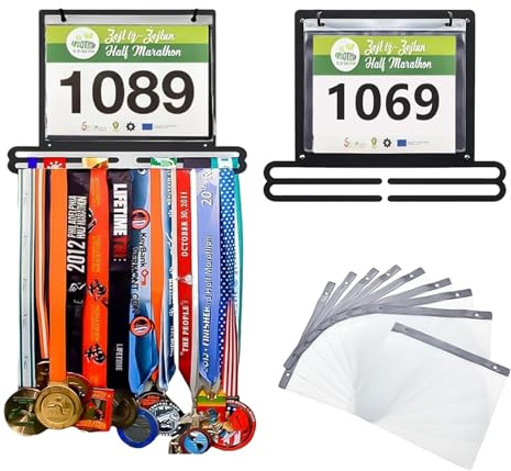 MEIHAOME Race Bib and Medal Display Hanger - Holds 40+ Medals & 20 Race Bibs with Flip Vinyl Sleeves, Running Bib Holder, Send to Great Gift for Marathoner, Swimmer athletes and Disabled athletes