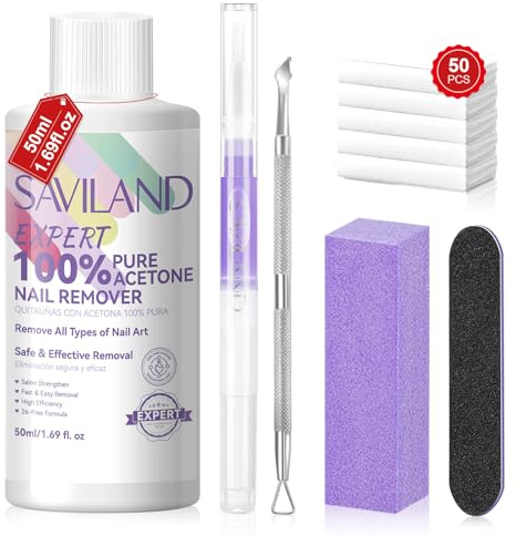 SAVILAND Plus Acetone Nail Polish Remover Kit: 50 ML Expert Gel Nail Polish Remover Non-Drying Gel Polish Remover with Cuticle Oil & Tools Quick Removal for Nail Polish Acrylic Dip Powder Salon