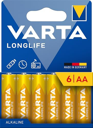VARTA Batterien AA, 6 Stück, Longlife, Alkaline, 1,5V, ideal für Fernbedienungen, Wecker, Radios, Wanduhren, Verpackung zu 90% recycelt, Made in Germany