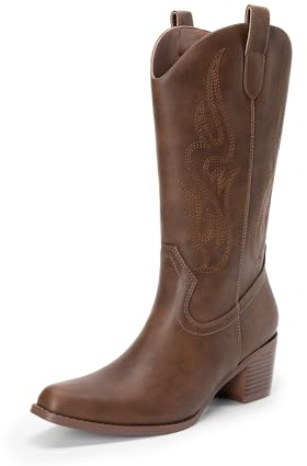 DREAM PAIRS Botas vaqueras de punta cuadrada para mujer, botas vaqueras occidentales con bordado a media pantorrilla, botines de tacón grueso retro, Marrón (Brown-pu), 38 EU