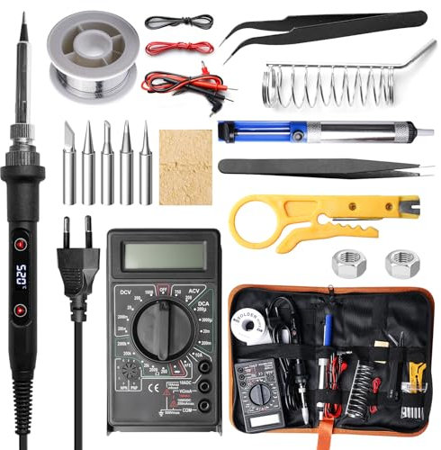 Set di saldatori a LED, 80 W, temperatura regolabile 180 – 520 °C, set di saldatura portatile, set di saldatura per lavori elettrici, filo di saldatura, 5 punte di saldatura, pompa dissaldante,