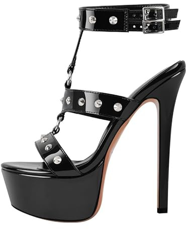 blingqueen Sandales punk pour femme à plateforme stiletto - Sandales à talons hauts avec rivets, Noir , 40 EU