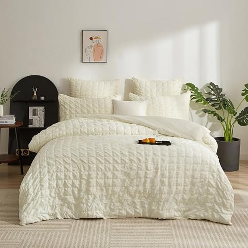 Gezu Seersucker Bed Linen Beige 135 x 200 cm Checked Embossed Brushed Summer Bed Linen Breathable Microfibre Bed Linen Romantic Duvet Cover 135 x 200 cm and 1 Pillowcase 80 x 80 cm with Zip