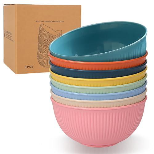 LEKEFETO Juego de 8 cuencos de plástico irrompibles, reutilizables, para sopa, microondas y lavavajillas, 8 colores, 680 ml