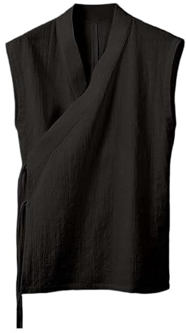 Caxndycing Gilet en lin pour homme Cardigan sans manches Couleur unie Débardeur traditionnel avec lacets Kimono japonais Léger Veste d'été Vintage Tang Costume, Noir , M
