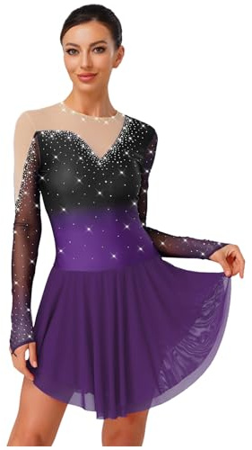 Miutii Abito da Donna per Pattinaggio su Ghiaccio con Glitzer, Abito da Balletto a Maniche Lunghe, Abito per Pattinaggio su Ruote, Abito da Pattinaggio, Abito da Ballo con Sfumature di Colore, Costume