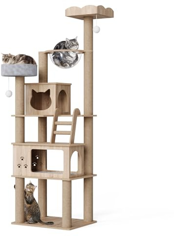 Mondeer Cat Tree, 184 cm Large Cat Towers with 11 Scratching Posts, 2 Cat Houses, 1 Transparent Space Capsule, Ladder, 2 Perches, Wooden Multi-Level Cat Tree for Indoor Cats