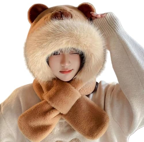 FEIFEI'S BOW Kids Cartoon 4 in 1 Hat Scarf Gloves Set Winter Warm Fleece Stch Faux Fur Hoodie Full Hood Thick Thermal Scarves Gifts for Boys and Girls Kids