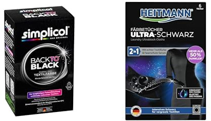 simplicol Back to Black + HEITMANN Färbetücher Ultra-Schwarz | Farbauffrischung für schwarze Textilien | Schutz vor Verfärbungen beim Waschen | 400 g + 6 Tücher
