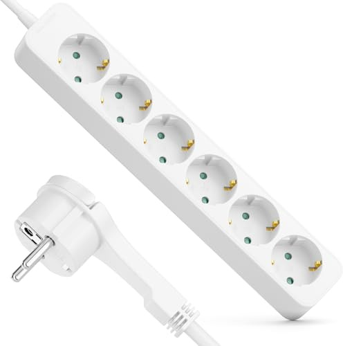 deleyCON 6-Fack Grenuttag med Plattkontakt - 1,4m Kabel - Ideal Bakom Möbler, Grenuttag Strömkabel Fördelare Förlängning Strömlist 3680W 16A - Vit