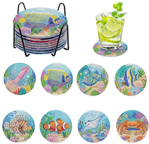 Diamond Painting underlägg med hållare, 8 stycken, gör-det-själv marina koppunderlägg med diamanter, halkfria dryckesunderlägg, runda dryckes- och koppunderlägg, kökskoppunderlägg, bordsdekoration