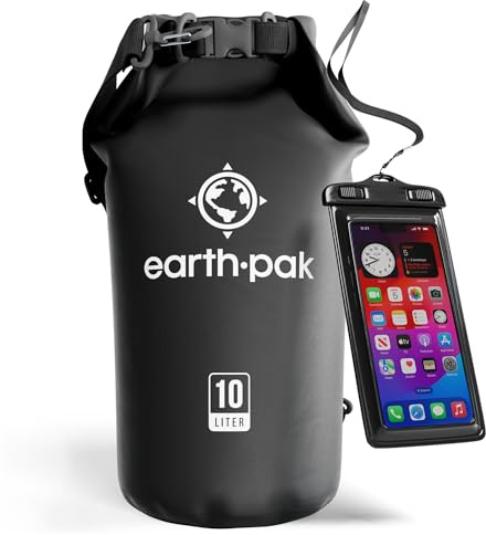 Earth Pak- Sac étanche avec Fermeture Pliable permettant de Garder Votre équipement au Sec pour Le Bateau, la randonnée, Le Camping et la pêche, avec étui imperméable pour téléphone (Noir, 10L)