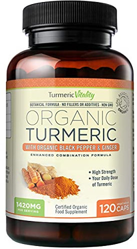 Organic Turmeric Curcumin Capsules 1420mg High Strength Serving with Black Pepper & Ginger for Maximum Absorption of Curcumin | 120 Veg Capsules - Certified Organic Supplement