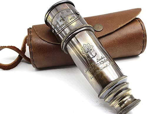 1920 Brass Maritime Vintage Telescope – Handheld Pirate Spyglass with Authentic Pure Leather Case – Nautical Monocular for Collectors, Hiking, Gift Décor – 15” Expandable