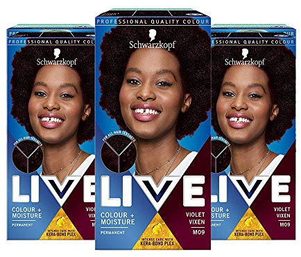 Schwarzkopf Live Colour + Moisture Dark Purple Hair Dye, 3-Pack Permanent Intense Care with Kera-Bond Plex, M09 Violet Vixen