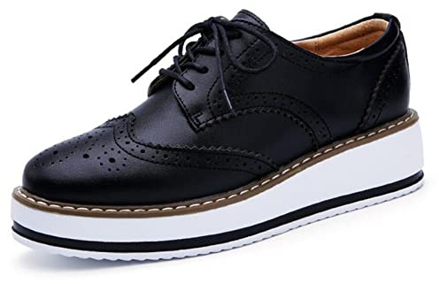 DADAWEN Women's Platform Lace-Up Wingtips Square Toe Oxfords Shoe Black Leather US Size 8/Asia Size 40/25cm