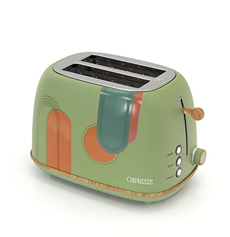 Caprizze Kaito Toaster mit Doppelschlitz, extra breit, 6 Bräunungsstufen, Blumendekor und Holzeffekt, Mattgrün